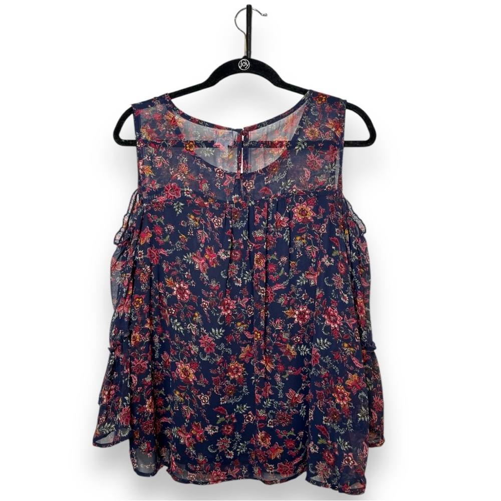 Dressbarn | Boho Floral Print Navy Blue Petite Women's Cold Shoulder Boho Top XL